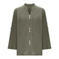 thumbnail image 4 of UYISJ Women's Cotton Linen Tops V Neck Rolled Long Sleeve Button T Shirts Solid Color Dressy Casual Loose Work Business Blouses Army Green XL, 4 of 6