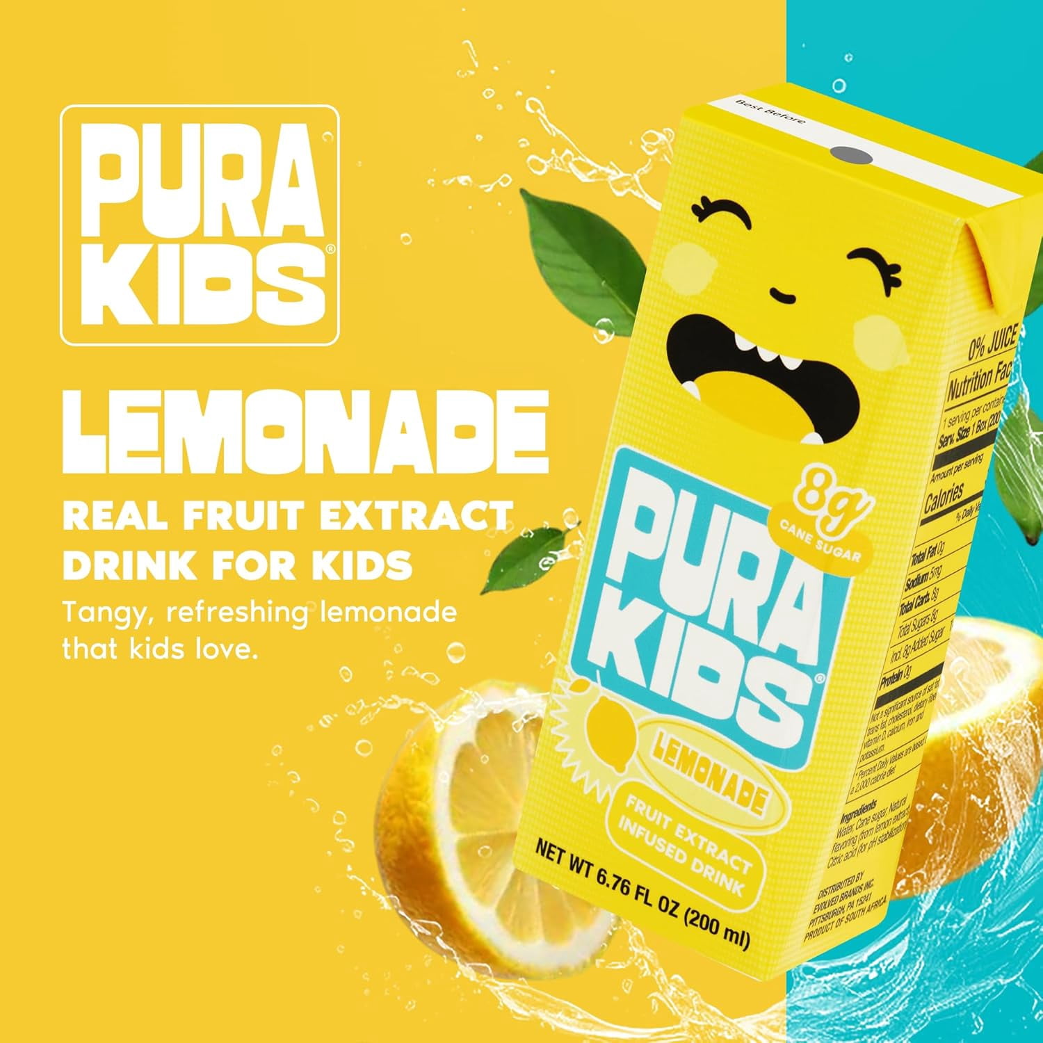 PURA Kids Box | Lemonade Fruit extract infused Drink for kids | 8g Pure Cane Sugar | Non-GMO | Vegan, No Artificial Sweeteners | Best Lunchbox Beverage with Paper Straw | 6.67 fl oz (200ml) 24-Pack