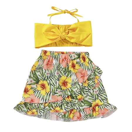

ASEIDFNSA Outfits for Girls Long Sleeve Cute Tops for Teens Toddler Girls Sleeveless Suspenders Bow Tie Tops Summer Flowers Prints Skirts Outfits