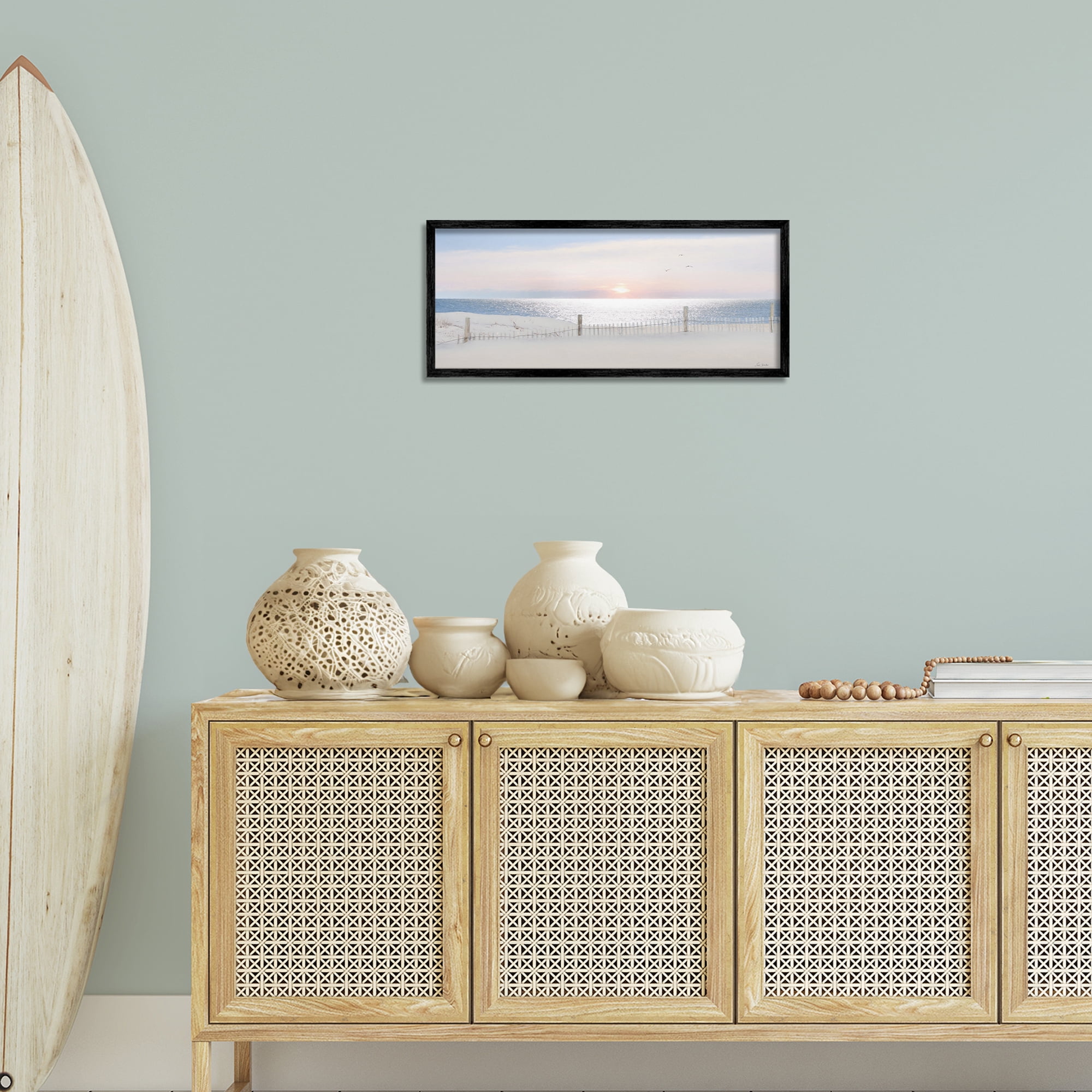 Stupell Industries Fence Along Shore Landscape Photography Black Framed Art Print Wall Art, 24 x 10