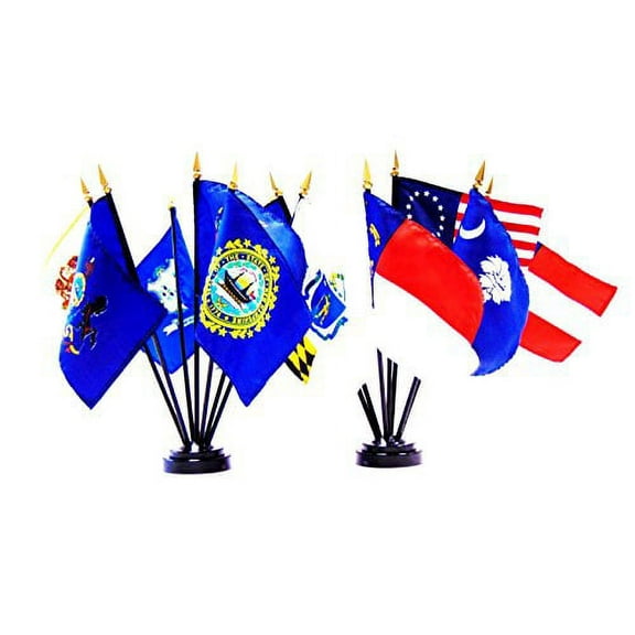 13 United States Colonies Flag Set- Set of 14 Rayon 4"x6" Flags with Two 7-Hole Bases, 4x6 Miniature Desk & Table Flags, Small Mini Little Stick Flags
