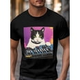 thumbnail image 3 of Camiseta de manga corta para hombre, estilo casual, con estampado de acuarela y gato musical, cuello redondo., 3 of 8