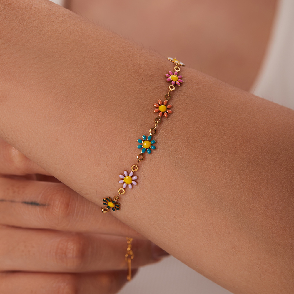 Bracelet Perles Fleuri Marguerite - Ajustable, Acier Inoxydable Plaqué Or, Avec Boîte Cadeau - Bijou Femme Pour Anniversaire, Saint-Valentin