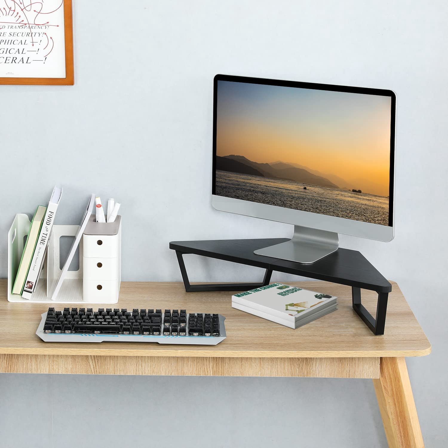 26 inch Triangle Monitor Stand Riser, Desktop Corner Shelf with Metal Leg Wood Computer Stand with Storage Laptop Riser Office Organization