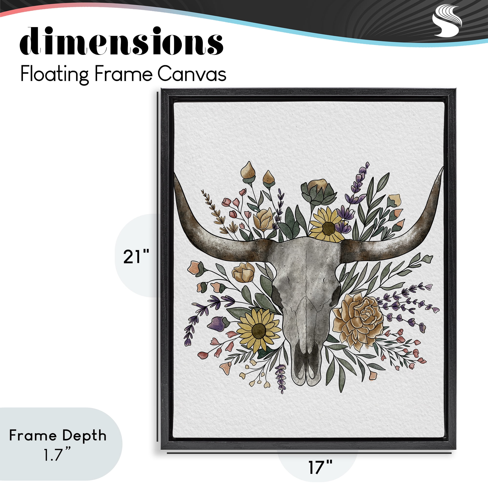 Stupell Industries Boho Wildflower Longhorn Black Framed Floater Canvas Wall Art, design by Alisha Kiara Design
