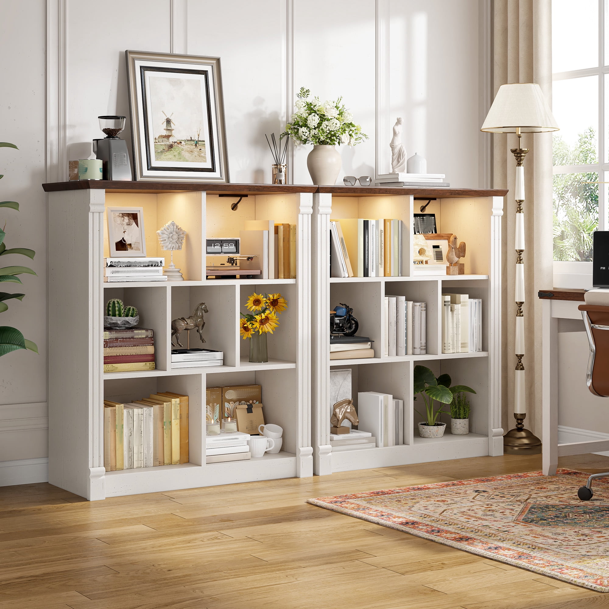 EnHomee 7 Cube Storage Organizer with LED Light and Charging Station,Wood Bookshelf for Living Room, Bedroom, Office，White