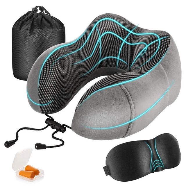 Almohada de Viaje MCSWKEY Gris Oscuro Viscoelástica con Soporte Cervical y Accesorios