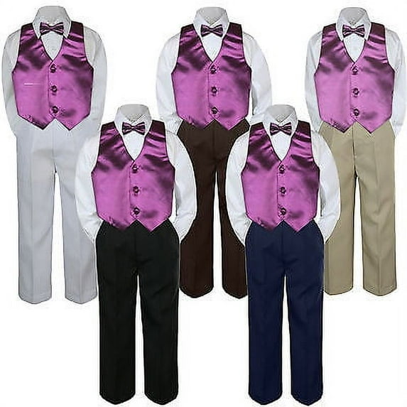 4pc Boy Suit Set Eggplant Plum Bow Tie Vest Baby Toddler Kid Formal Pants S-7