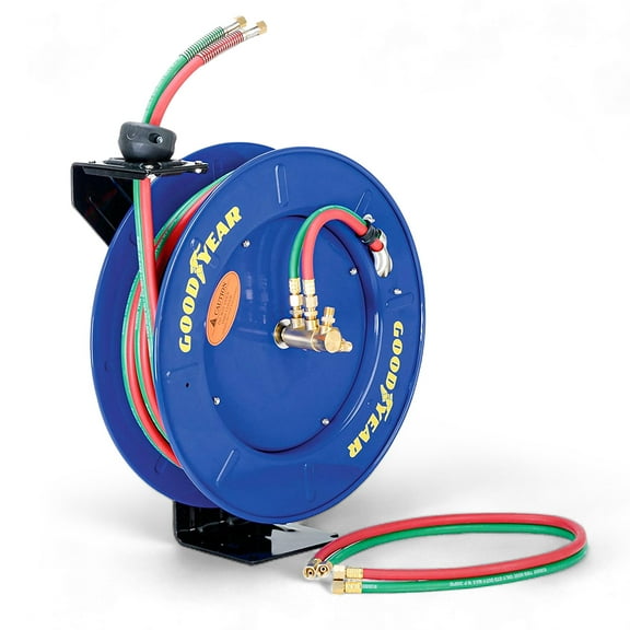 Goodyear Retractable Welding Hose Reel - 1/4" x 65' Twin Oxygen Acetylene Rubber Hoses, Heavy Duty Single Arm, 300 PSI Industrial Standard Dut