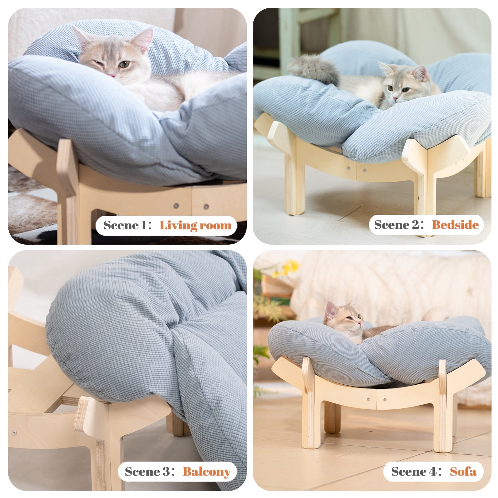 CheerPals Elevated Cat Bed, Washable Flower Pet Cushion with Sturdy Wooden Frame, Heavy-Duty Lounge Chair for Indoor Cats & Small Dogs, Blue