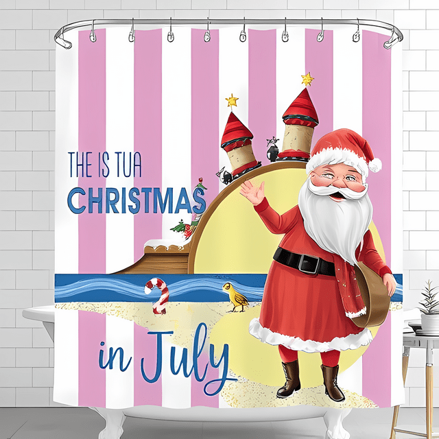 Whimsical Santa Claus Beach Shower Curtain - Fun Christmas in July Decor with Candy Canes & Castles