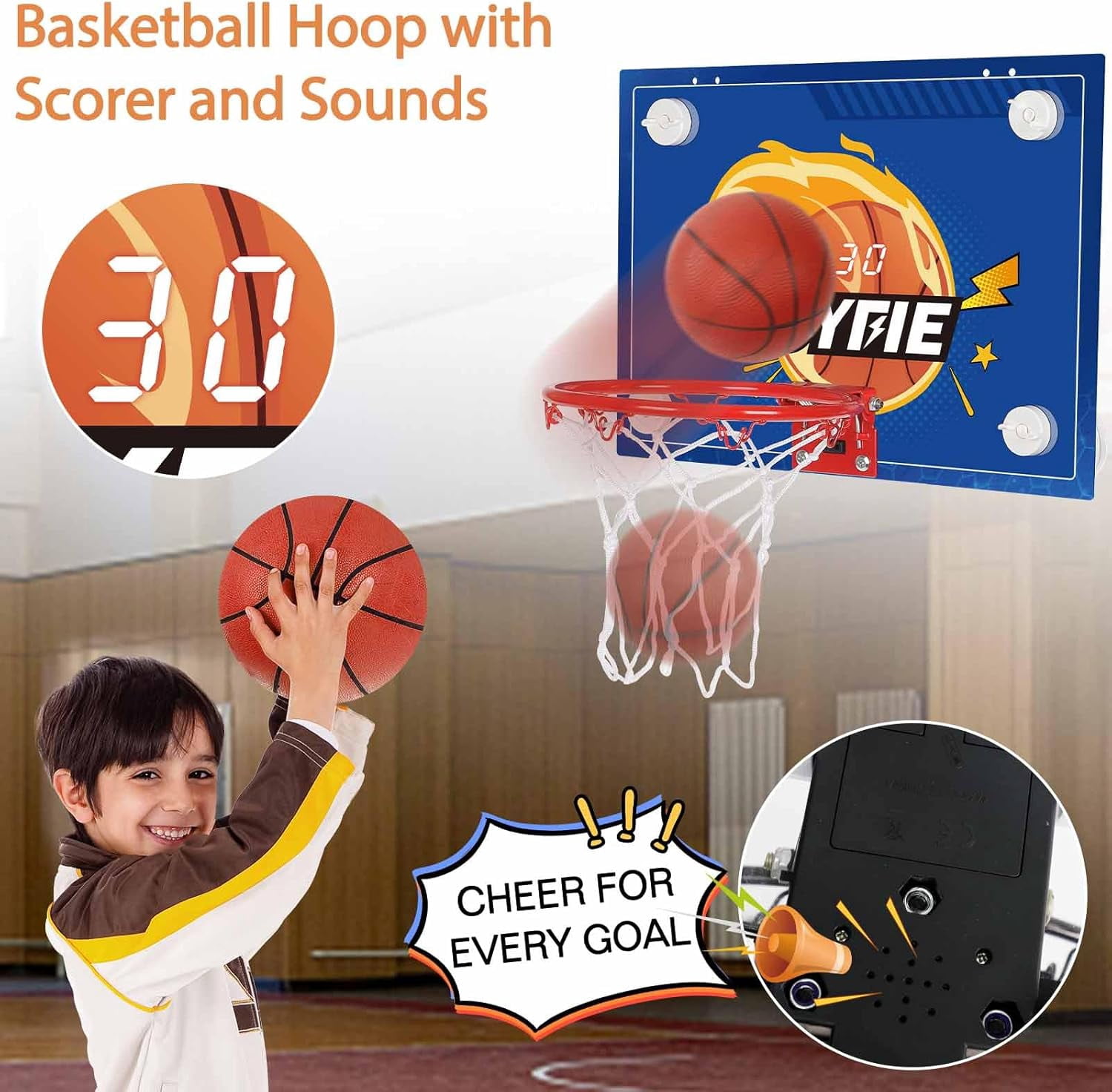 CYFIE Suction Cup Basketball Hoop with Scoreboard and Sounds, Mini Toy Basketball Hoop, 3 Balls