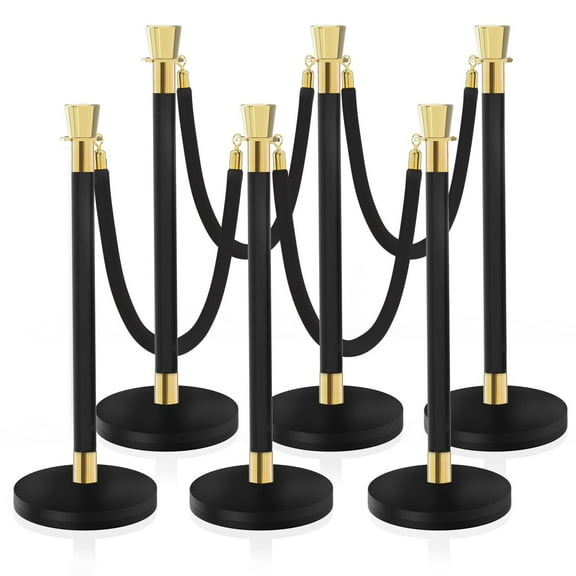 6 Pcs Stanchions and Velvet Ropes Set-Crowd Control Barriers with 4 Black Velvet Ropes, Stainless Steel Stanchion Post & Sand-Fillable Base for hotel/Wedding/Party