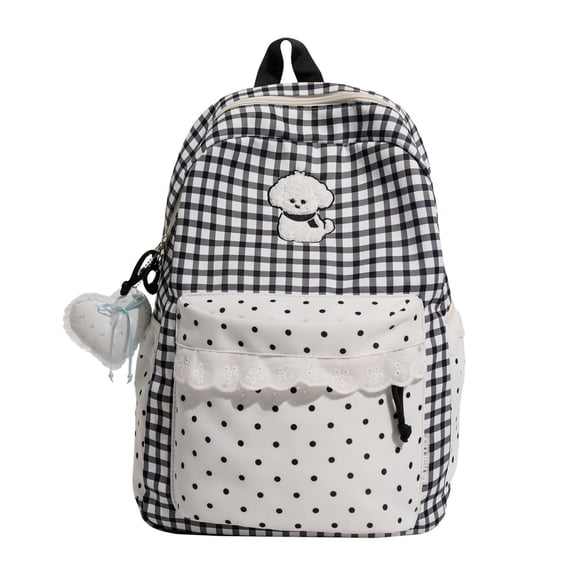 Cute Plaid Backpack for Teen Girls with Lace Trim, Small Nylon School Bag with Polka Dot Pocket & Charm, Preppy Kawaii Bookbag for Middle High School Students, Lightweight Student Gift