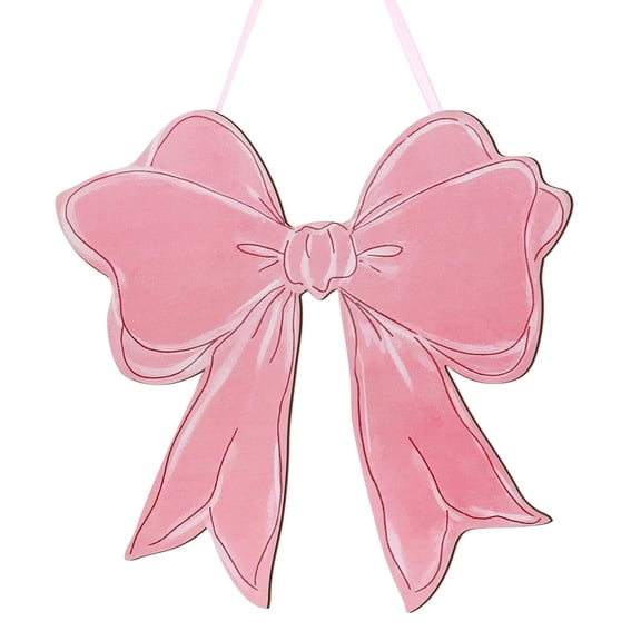 Wooden Bow Shaped Hanging Ornament for Indoor Wall Door Home Decoration in Pink