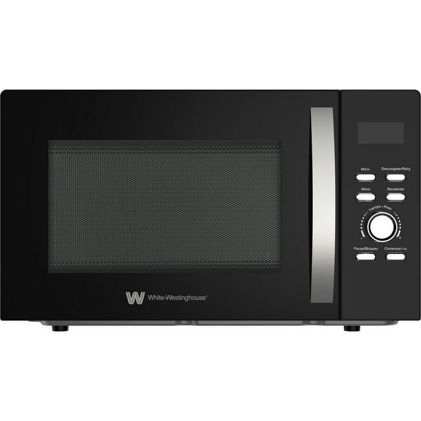 White Westinghouse Horno de Microondas 1.0 pies Modelo WWCMV10028WE Display LED Interior Gris Manija de Aluminio Plato Giratorio Descongelado Botones para programas