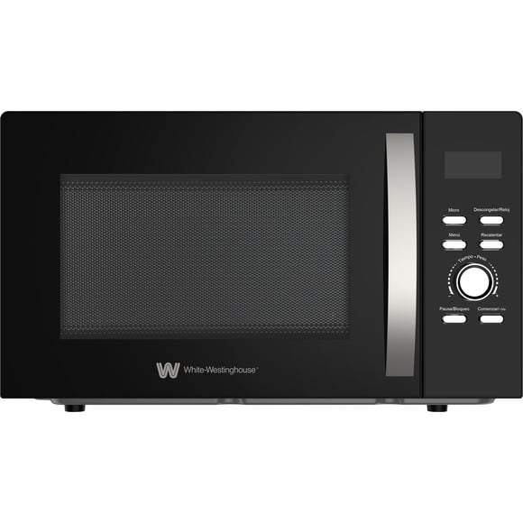 White Westinghouse Horno de Microondas 1.0 pies Modelo WWCMV10028WE Display LED Interior Gris Manija de Aluminio Plato Giratorio Descongelado Botones para programas
