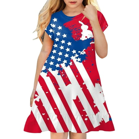 

ZHAGHMIN Spring Outfits for Girls Toddler Kids Girl Fourth Of July Independent Day Star Stripes Prints Short Sleeves Party Princess Dress Trim Fit Tights Girls 2X Dress Fall Applique Dress Girls Dre