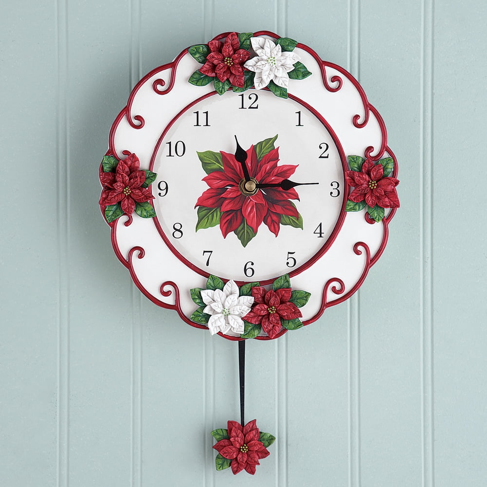 POINSETTIA CHRISTMAS WINTER WALL CLOCK WITH PENDULUM