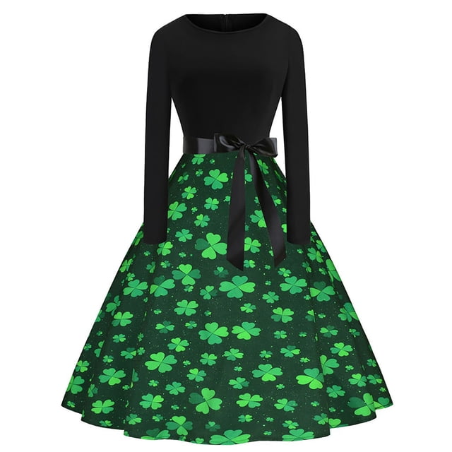 Qertyioot Patrick's St. Day Robe de Soirée Évasée pour Femmes avec Trèfle