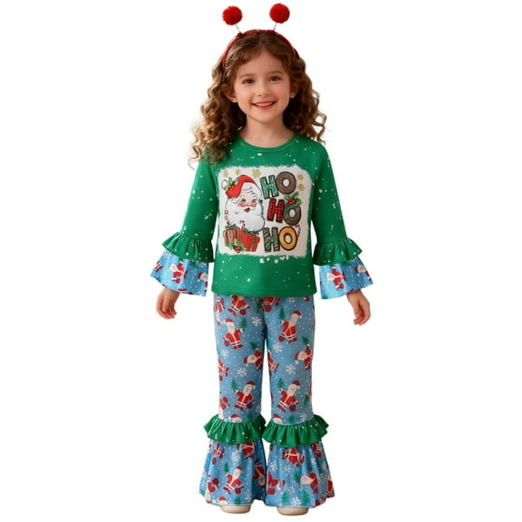 Ruiwill Girl Outfit Set Outfit Holiday Party Two Piece With Santa Print Top Snowman Pants Festive Flared Sleeves Winter Crew Neck Girl Clothes Green Size 1-2 Years