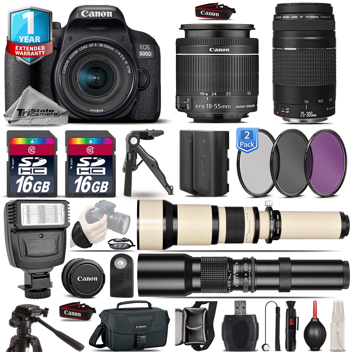 Canon EOS Rebel 800D Camera + 18-55mm IS STM + 75-300mm + EXT BATT