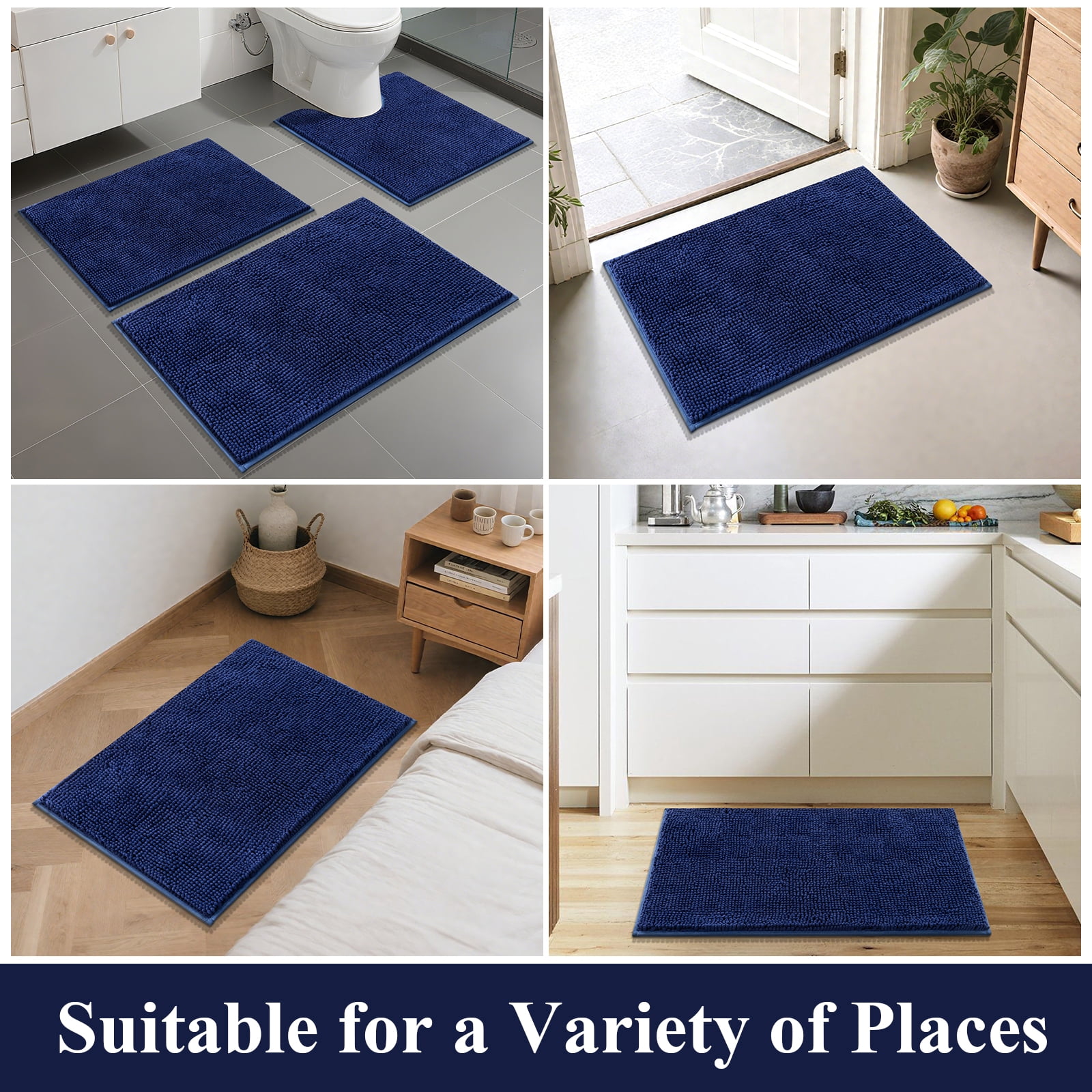 Vaukki Dark Blue Bathroom Rug Sets 3 Piece Ultra Soft Absorbent Shaggy Bath Mat Non Slip Toilet Rug for Bathroom
