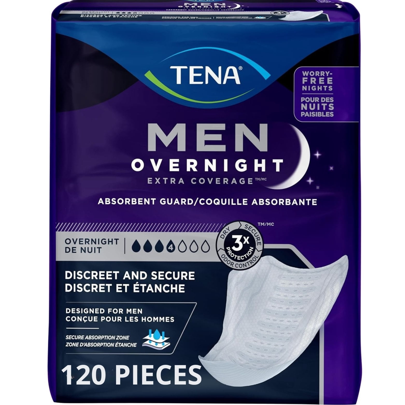 TENA Men Incontinence Guards for Men, Men's Pads, Bladder Control, Overnight Absorbency, 120 Count