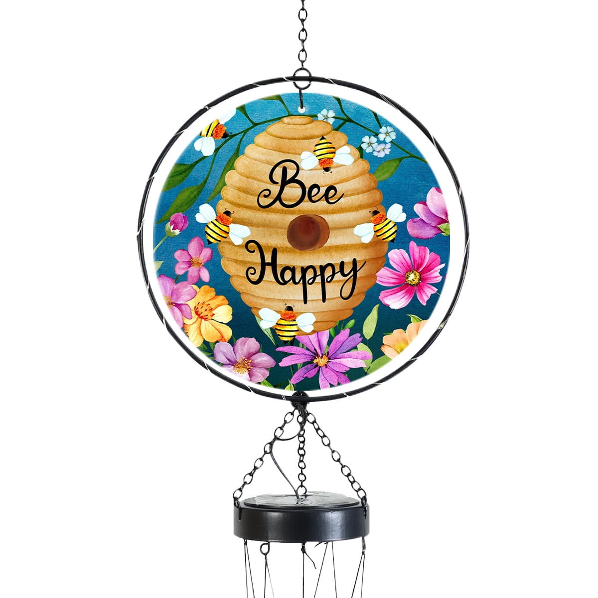 Briarwood Lane Spring LED Illuminated Solar Powered Glass Suncatcher  Wind Chime 37x8 Happy Beehive For Spring Wind Chime For Outdoors Melodic Metal Windchimes Wind-Chimes