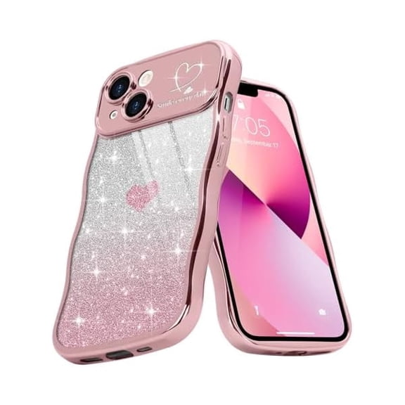 for iPhone 13 Case for Women Girls Cute Curly Wavy Frame Love Heart Glitter Bling Camera Protection Sparkly Luxury Elegant Shockproof Cover Clear Wave Phone Case for iPhone 13 6.1", Pink