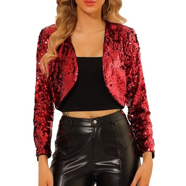 INSPIRE CHIC Chaqueta Bolero Corto Abierto sin Cuello de Lentejuelas para Mujeres con Mangas Largas XS Roja
