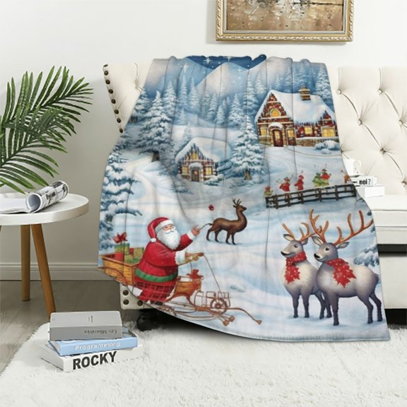 JEUXUS Christmas Blanket Xmas Throw Blanket Cozy Soft Plush Christmas Throws for Couch Sofa Holiday Winter Flannel Blankets and Throws Santa Claus Merry Blanket for Home Bedding Decor