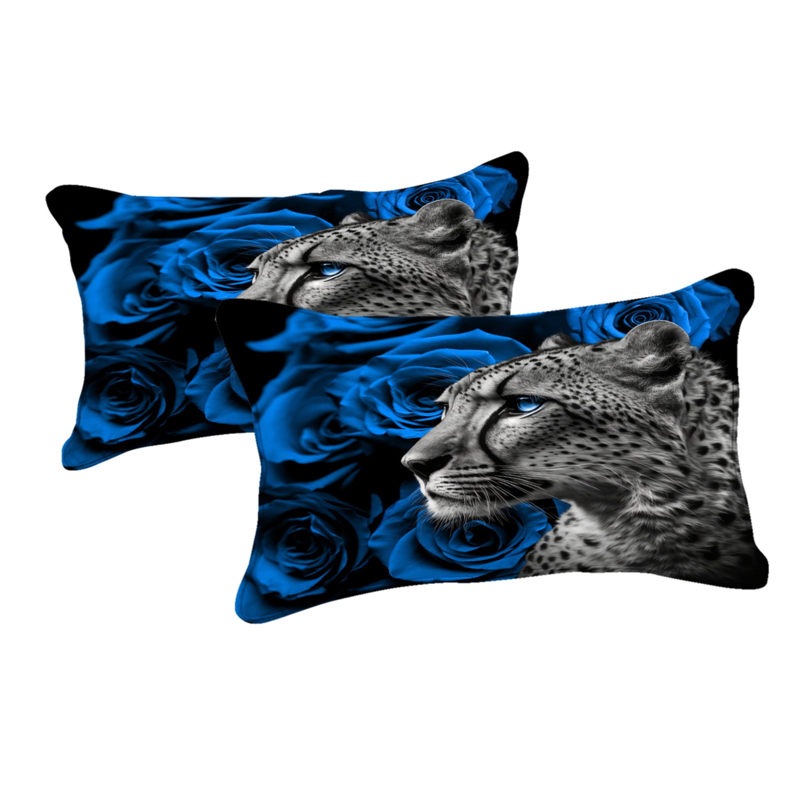 Move Over Cheetah Comforter Set 4 Pieces Blue Leopard Print Bedding Set Soft Microfiber Wild Animal and Blue Rose Bedding Set