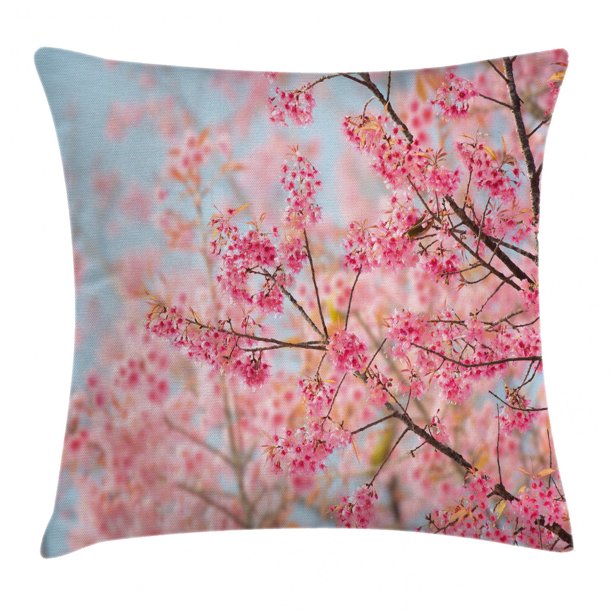 Floral Throw Pillow Cushion Cover, Japanese Sakura Cherry Blossom