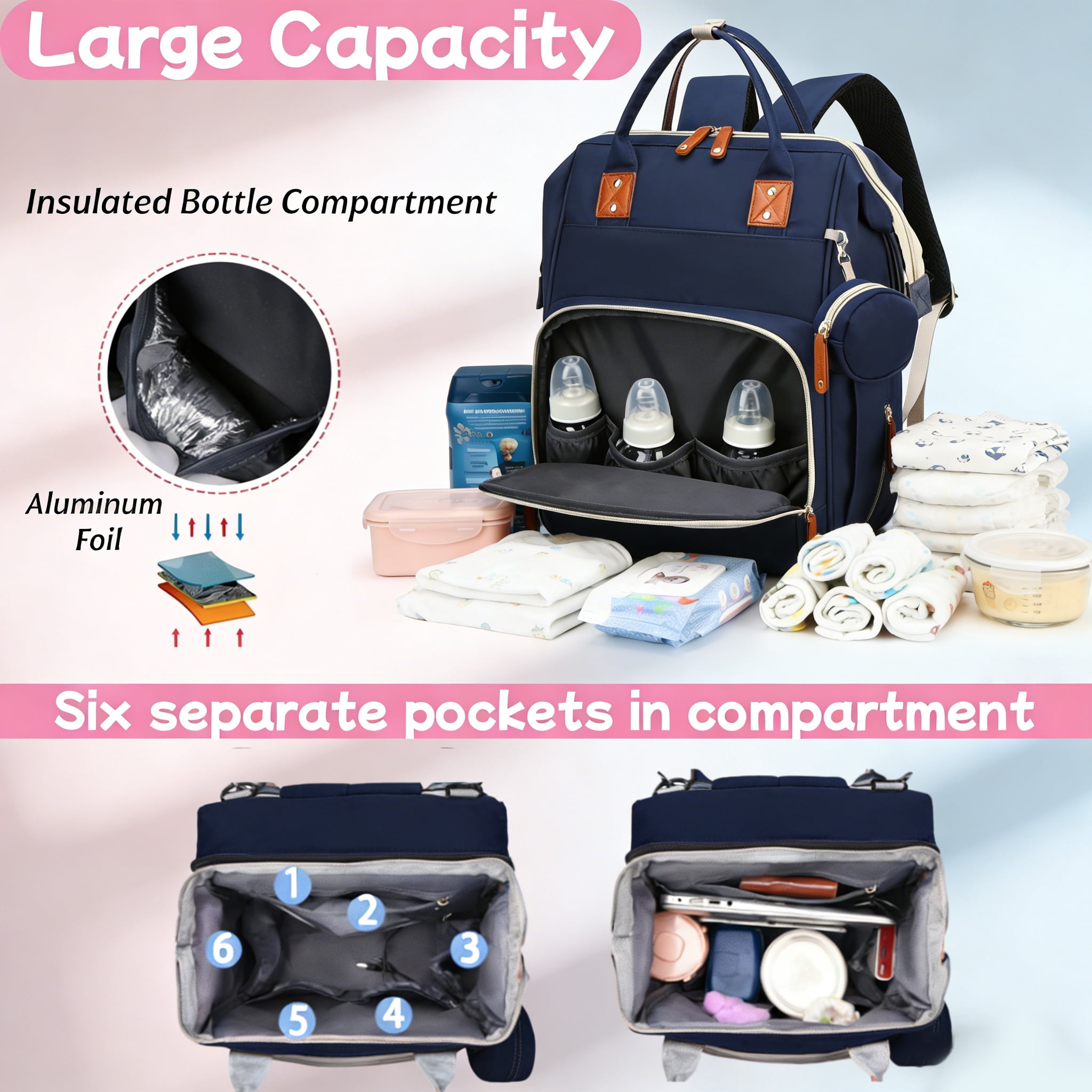 WANDF Diaper Bag Backpack with Changing Station, Large Travel Mommy Bag, Waterproof Diaper Backpack for Moms Dads with USB Charging Port,Mommy Essentials Shower Gifts Gifts(Blue Bag)