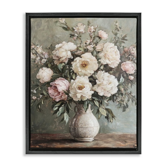 Stupell Industries Pink Peonies Ornate Vase Plants & Flowers Painting Black Floater Framed Canvas Art Print Wall Art, 17 x 21
