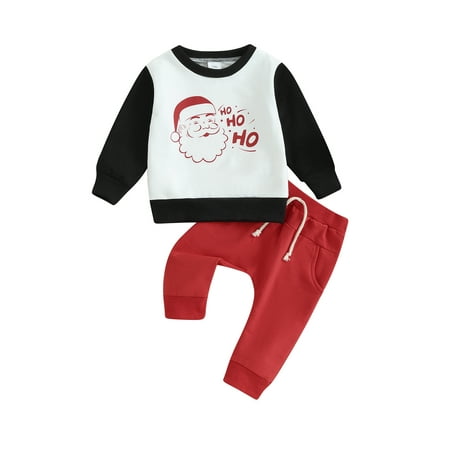 

Licupiee Toddler Boys Christmas 2Pcs Outfits Long Sleeve Letter Santa Claus Print Tops+Red Drawstring Pants Sets