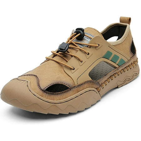 Mens Genuine Leather Breathable Hollow Sports Sandals Casual Closed Toe Outdoor Fisherman Shoes Summer Beach Waterproof Anti-Slip Flat Sandals