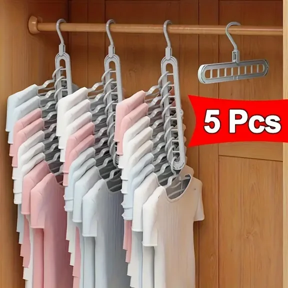 5-Pack Space-Saving Hangers – 9-Hole Multifunctional Plastic Hangers, Heavy-Duty Closet Organizer Racks – Suitable for Closets, Dorms, and Bedrooms (Gray)