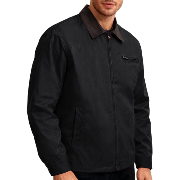 Men's Solid-Colored Lightweight Cargo Jacket, Full-Zip Windbreaker Golf Coat with Pockets for Spring Fall, Black, L