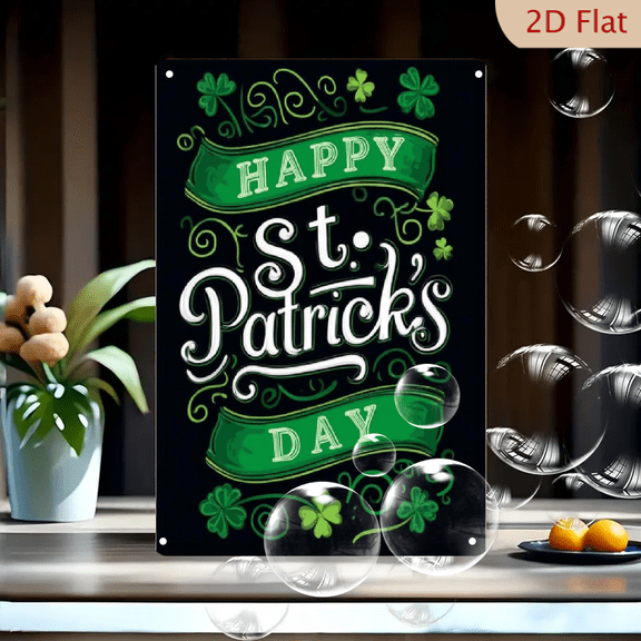 St Patrick's Day Metal Tin Sign Wall Decor - Happy St Patrick's Day Shamrock Clover Irish Lucky Vintage Retro Artwork with Green Black Design - Indoor Outdoor Holiday Party Decoration