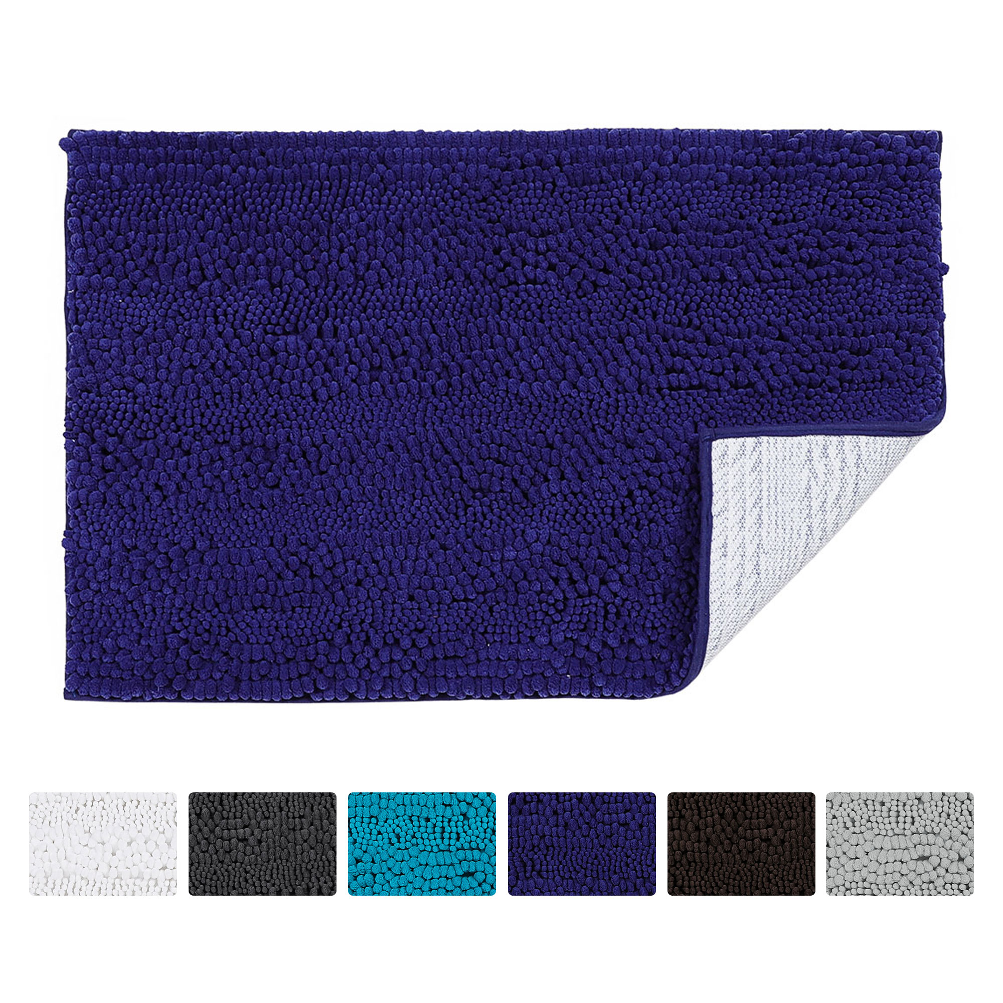 PiccoCasa Soft Microfibre Shaggy Non Slip Absorbent Bath Mat Bathroom Shower Rugs Carpet Navy