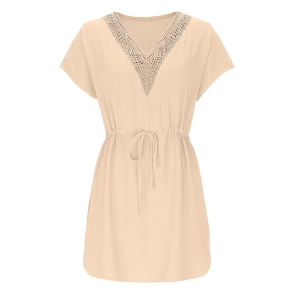 Admvng Dress for Women Lace Trim V Neck Short Sleeve Drawstring Waist Casual Comfortable Dresses
