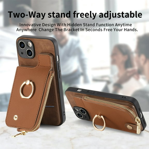TECH CIRCLE Case for iPhone 15 (6.1-inch) - Practical Wallet Phone Case [Built-in Zipper Pocket & Card Slot] Protective Leather Cover with [Kickstand / Phone Ring Holder], Brown