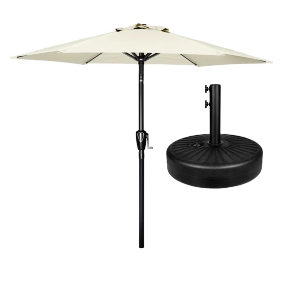 7.5ft Umbrella Outdoor with Round Umbrella Base Stand for Garden Pool Beige