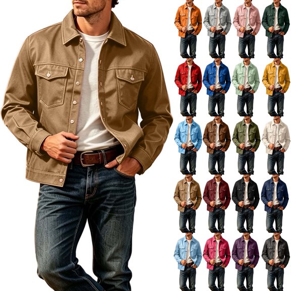 DYTTDG Men's Solid-Color Lapel Button-Down Jacket | Long-Sleeve Casual Trucker-Style Coat with Chest Flap Pockets & Side Pockets for Daily Outdoor Street Wear
