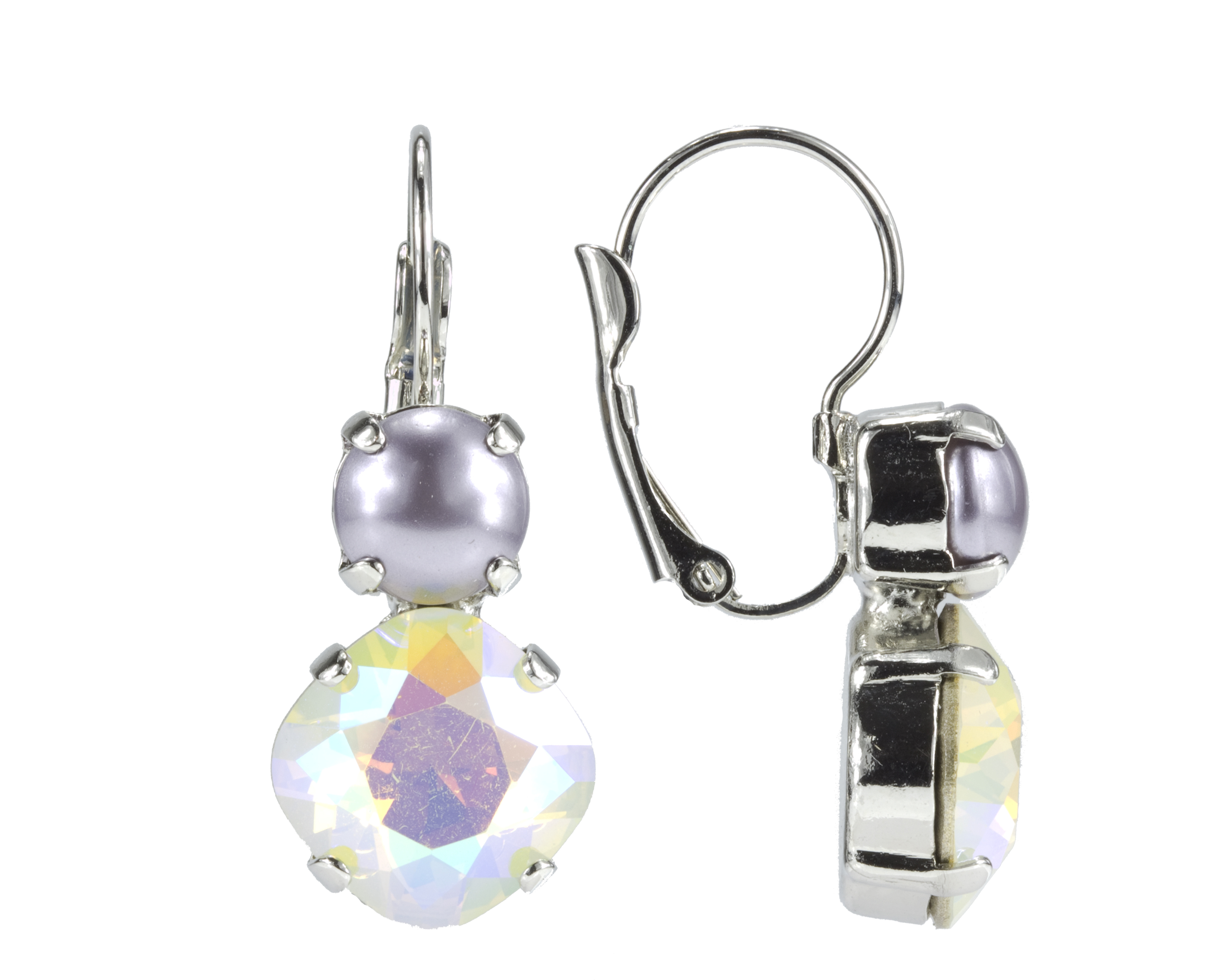 Swarovski 12MM Cushion Cut White Opal GB and Mauve Pearl 8mm Leverback Earrings Nickel Free