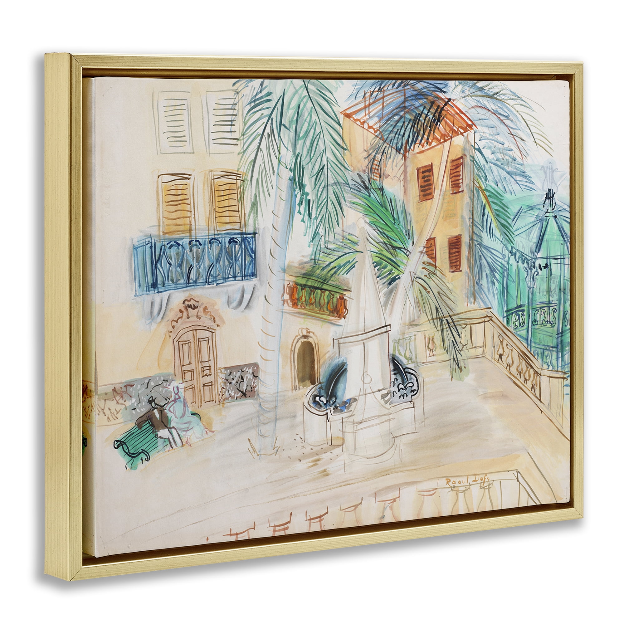 Stupell Industries Couple Sur Un Banc Dufy Classic Buildings & Architecture Painting Gold Floater Framed Canvas Art Print Wall Art, 31 x 25