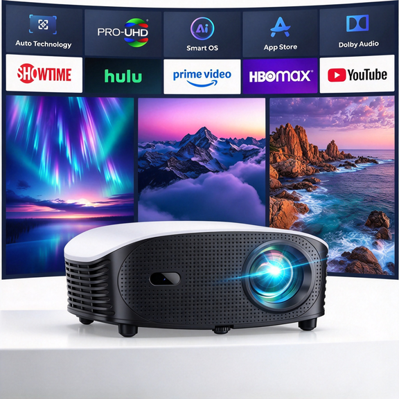 AI Smart Mini Projector with WiFi & Bluetooth, Auto Focus & Keystone FHD 4K Support Projector, Compatible with Netflix YouTube, Dolby Audio Home Theater for Outdoor Movie Night & Bedroom Cinema