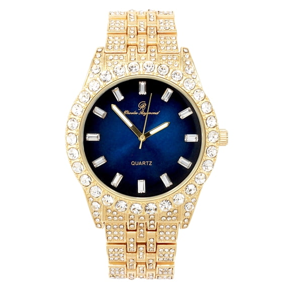 Charles Raymond Mens Hip Hop Metal Timepiece - Big Rhinestones on Trim and Elegant Baguette Time Indicators on Dial - Master Blinged out Designer Look - ST10226 BGS Single (Gold Royal Blue)